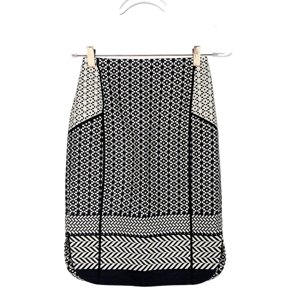 J Crew Size 00 Lux Paneled Black Cream Geometric Jacquard Pencil Skirt Cotton